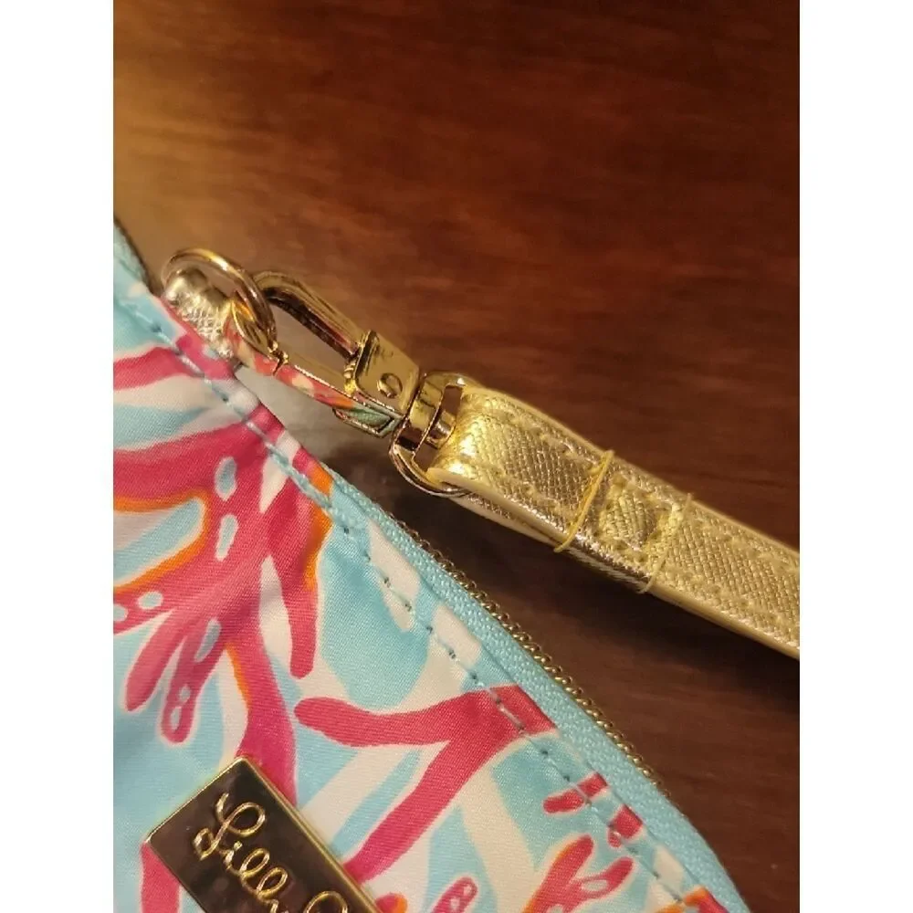 Lilly Pulitzer Coral Print Wristlet in Light Blue, Pink, Gold